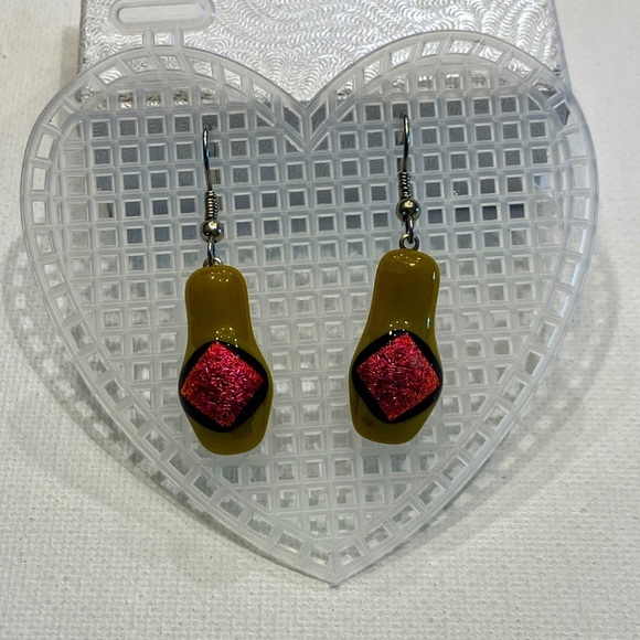 Elegant Olive and Magenta Fused Glass Earrings - Picture 1 of 1